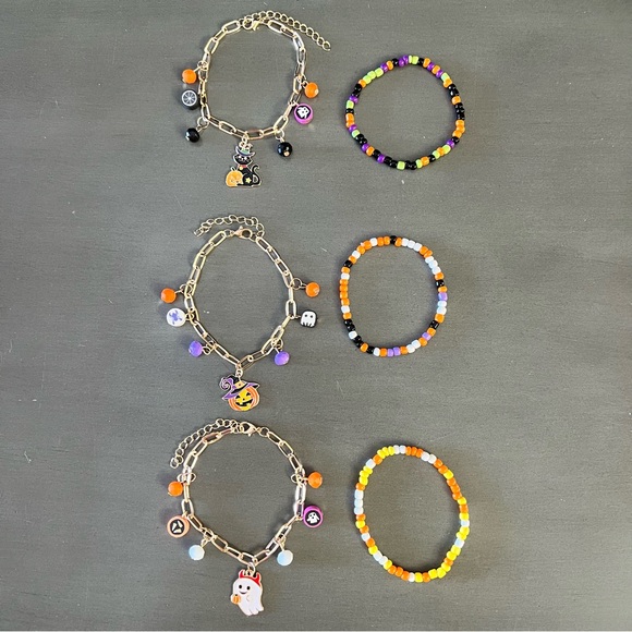 Jack-O'-Lantern Pumpkin Ghost Spider Purple Orange Bead Stretch Two Bracelet Set - Picture 4 of 4